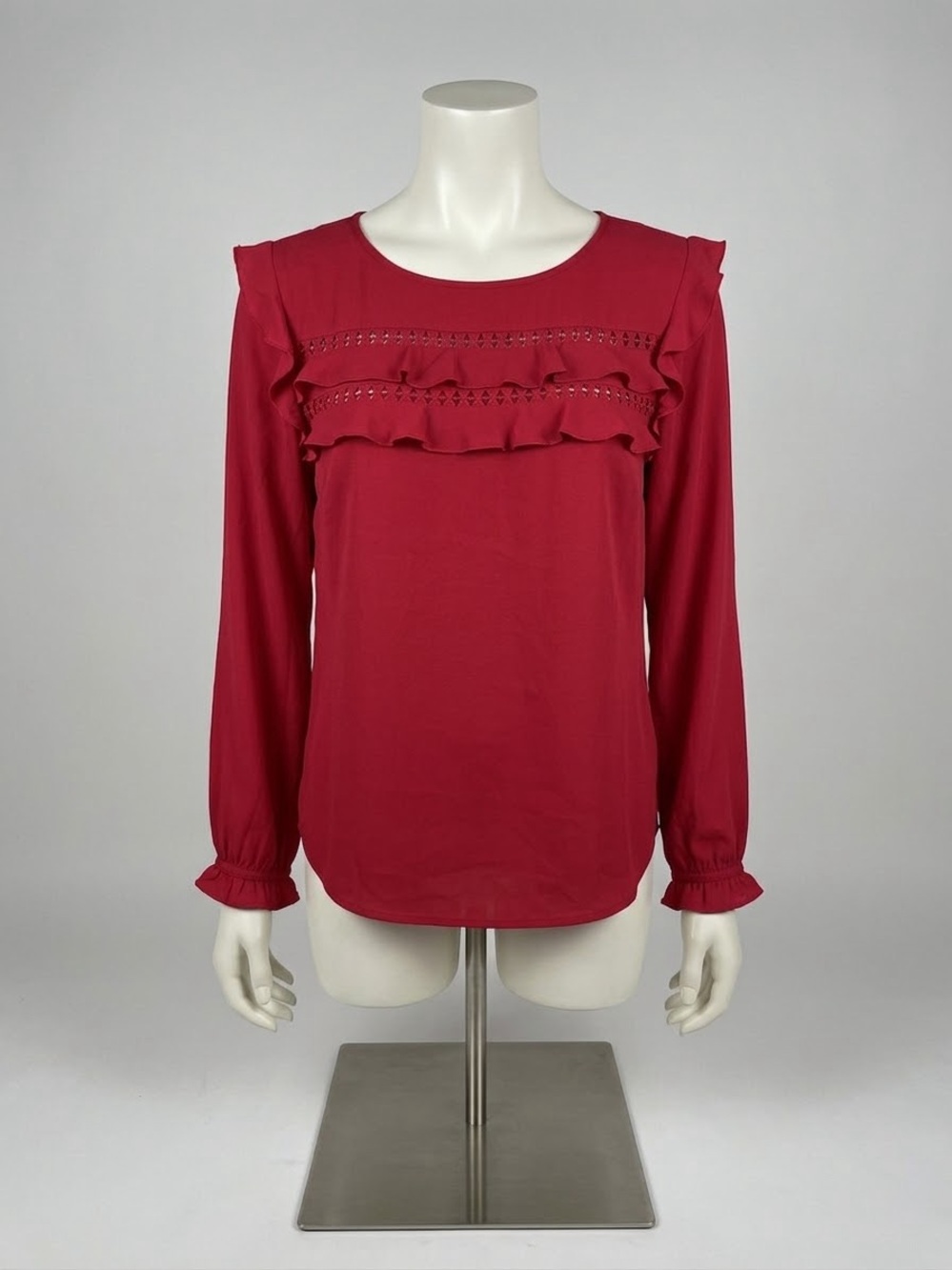 LOFT Red Ruffle Crochet Trim Long Sleeve Blouse | Large | Feminine Boho Top